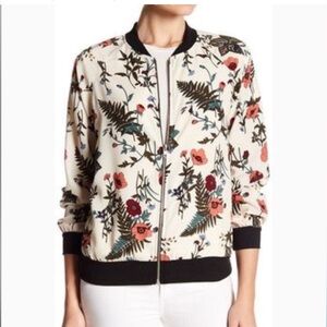 White Floral Bomber Jacket with Zipper and Black Trim